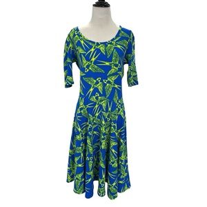 LuLaRoe Royal Blue & Lime Swallows Bird-Print Midi A line Dress punk